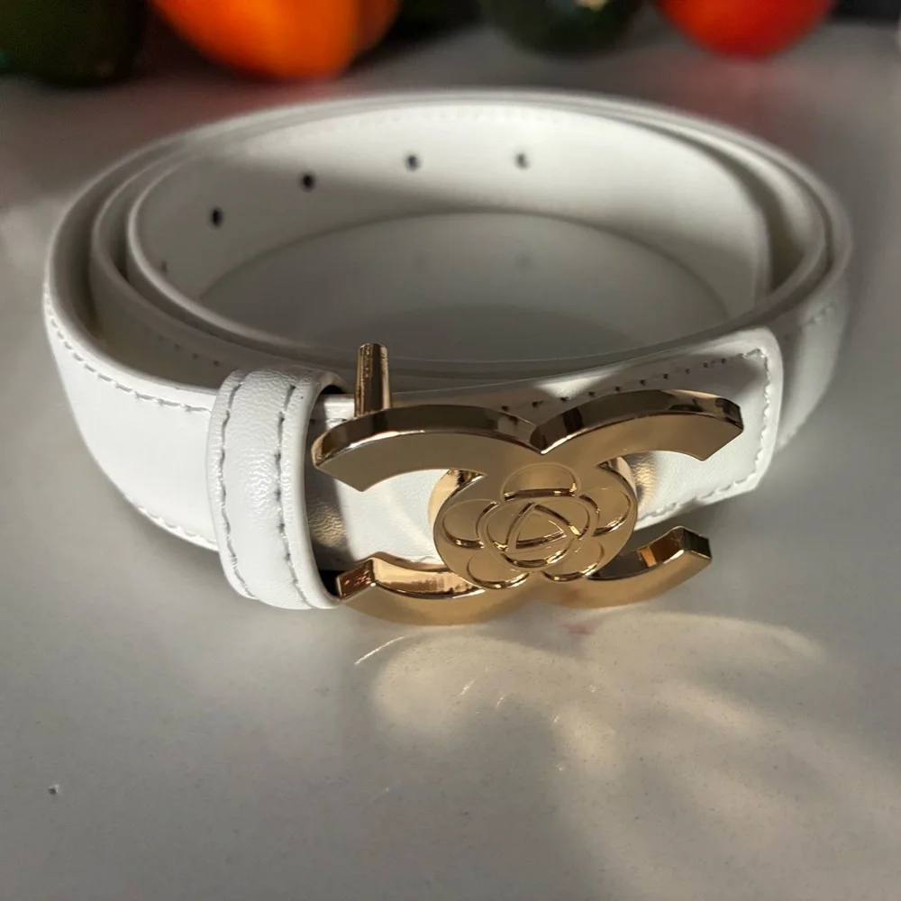 White Leather Belt with Gold Camellia Buckle